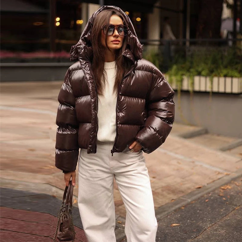 Women's Cropped Puffer Jacket – Glossy Hooded Padded Coat