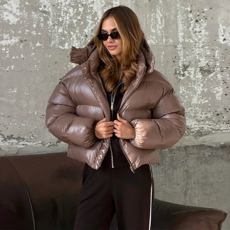 Women's Cropped Puffer Jacket – Glossy Hooded Padded Coat