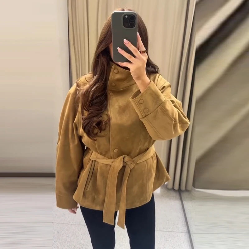 Women's Suede Jacket – Belted High Collar Khaki Jacket