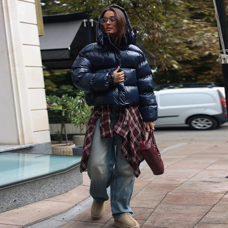 Women's Hooded Puffer Jacket – Glossy Cropped Padded Coat