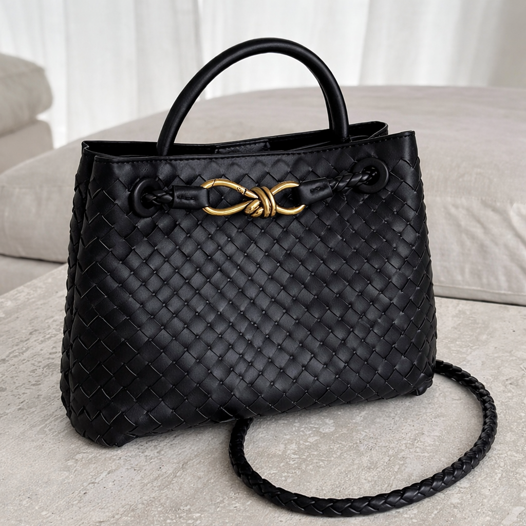 Woven Tote Bag – Soft Vegan Leather Shoulder Bag
